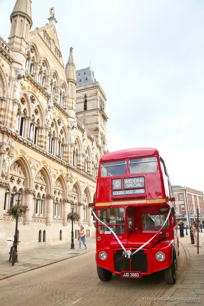 Routemaster wedding bus outside Northampton Guildhall
