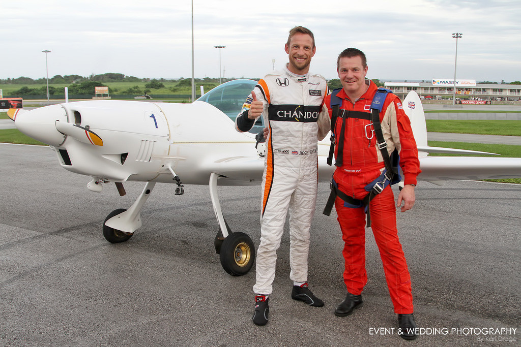 Jenson & Pete pose for a picture after the car v plane race at the Barbados Festival of Speed