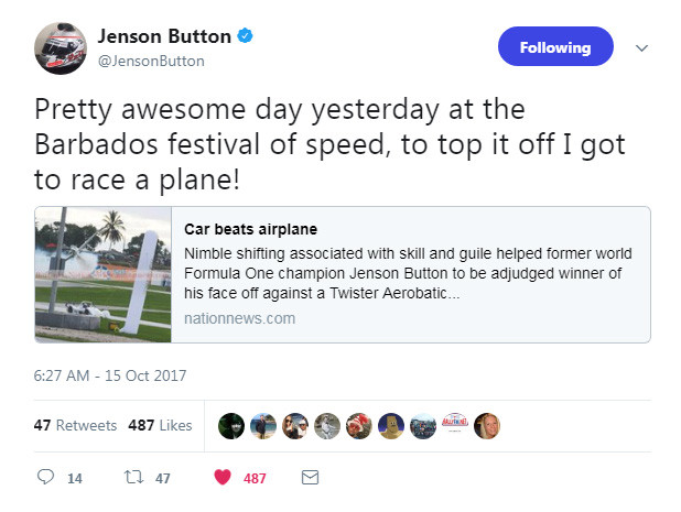 The Tweet Jenson Button posted after the Barbados Festival of Speed car v plane race.