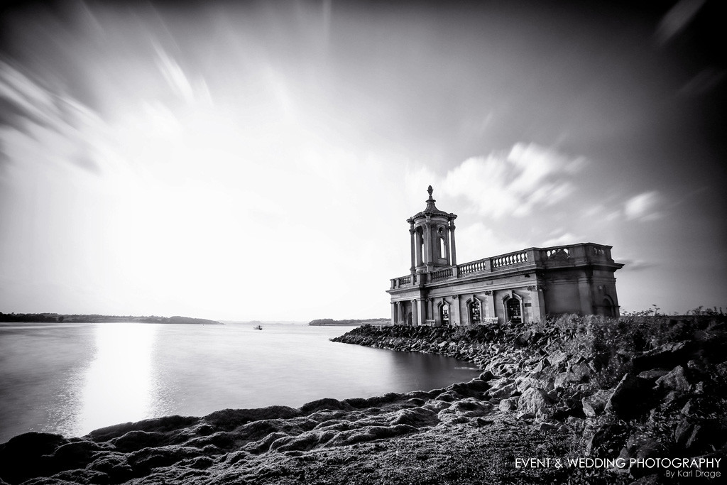 A black and white edit of a slightly-different angle of Normanton Church © Karl Drage / eventandweddingphotography.co.uk