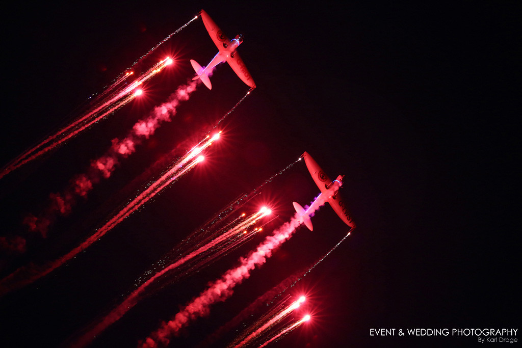 The Twisters glow red as they're illuminated by the pyrotechnics at BFOS 2017