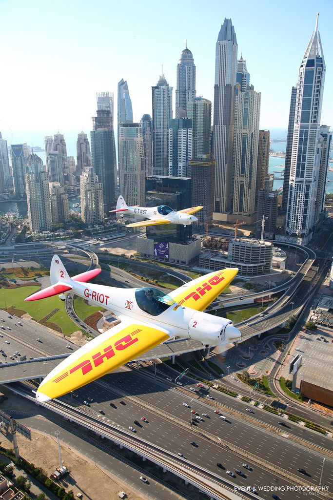 Twister Aerobatics Team fly down the Sheikh Zayed Road and past Dubai Marina