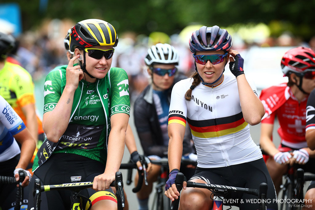 Jolien D'Hoore & Lisa Klein at the Stage 2 start of the OVO Women's Tour in Rushden