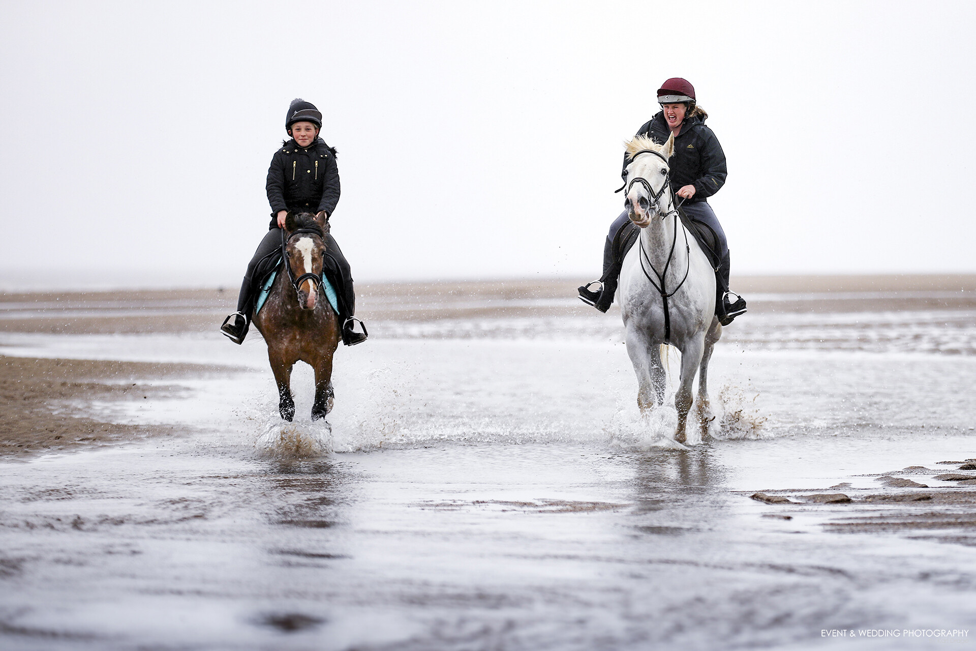 Two horses gallop through a puddle on the beach