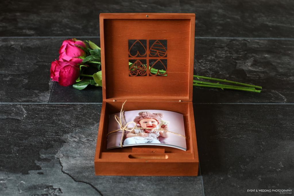 Laser-cut out heart wooden presentation box and USB stick