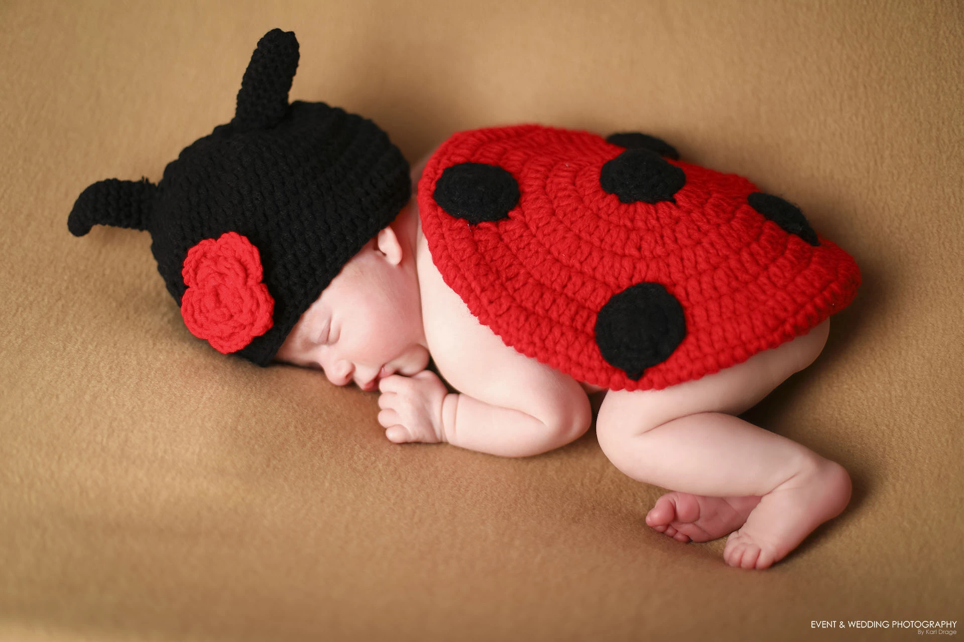 Baby girl wearing a woollen ladybird outfit