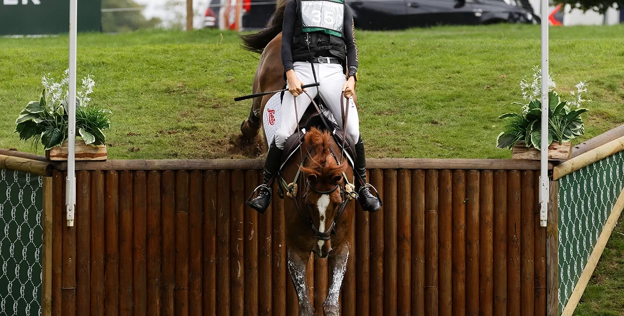 British equestrian Tom Rowland and Possible Mission drop down into the Holland Cooper Leaf Pit during the 2022 Burghley Horse Trials.