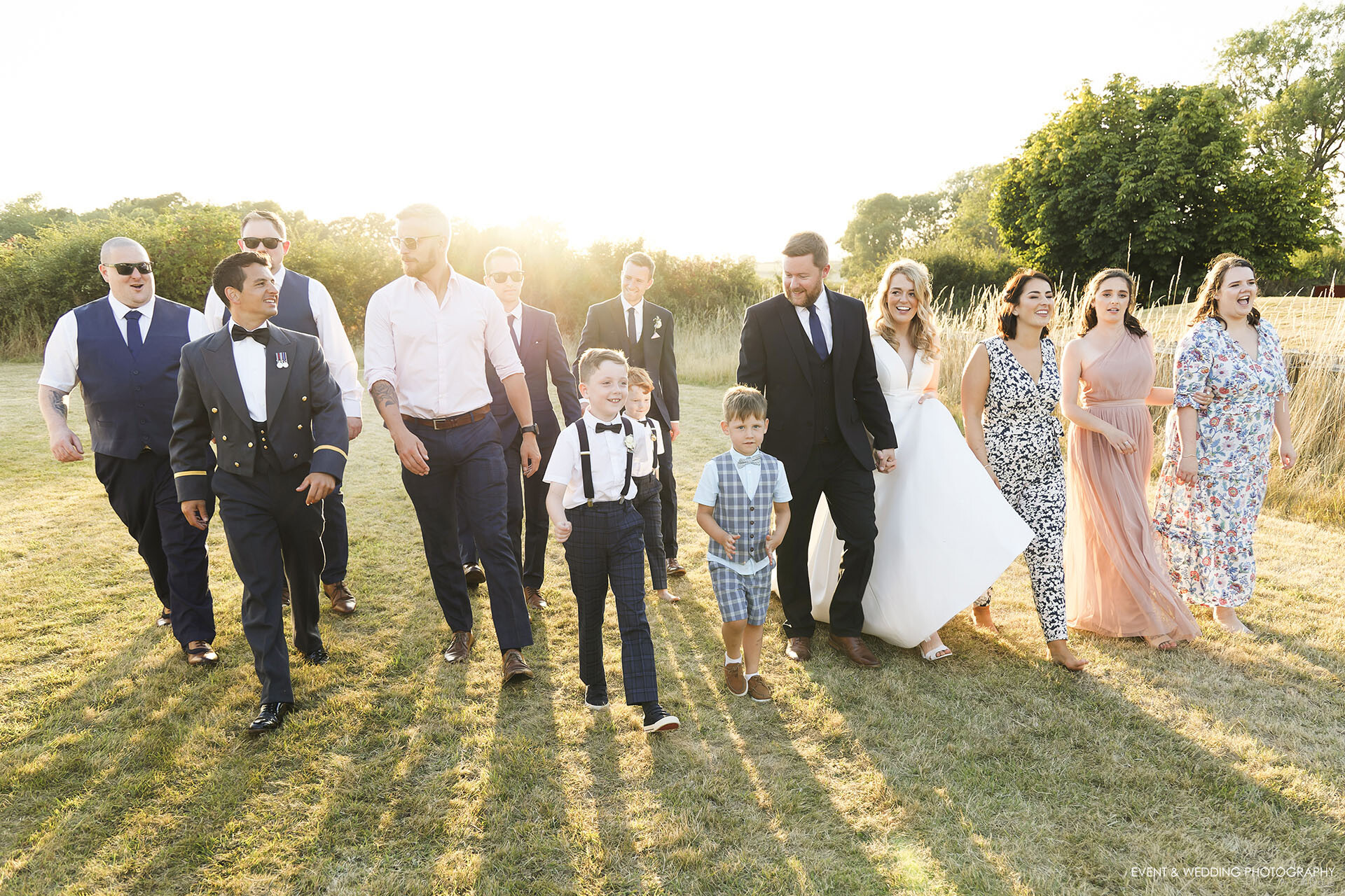Golden hour bridal party and groomsmen