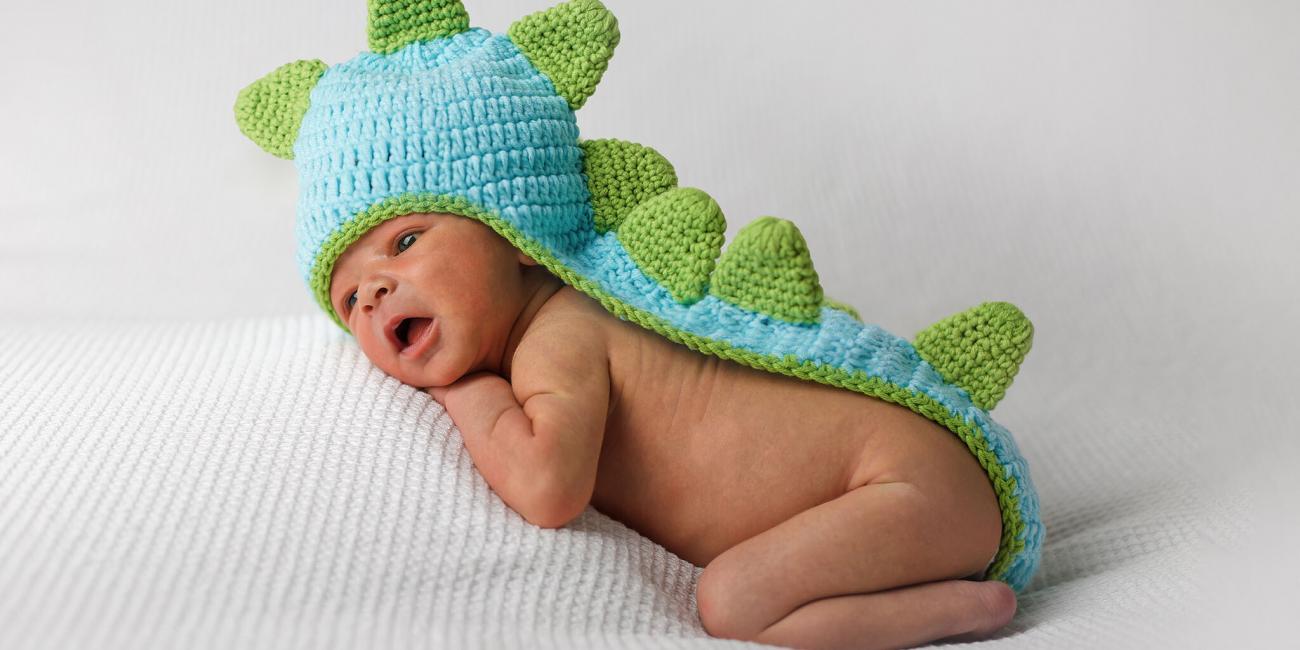 A baby boy wears a woolen dinosaur outfit during his newborn photo shoot.
