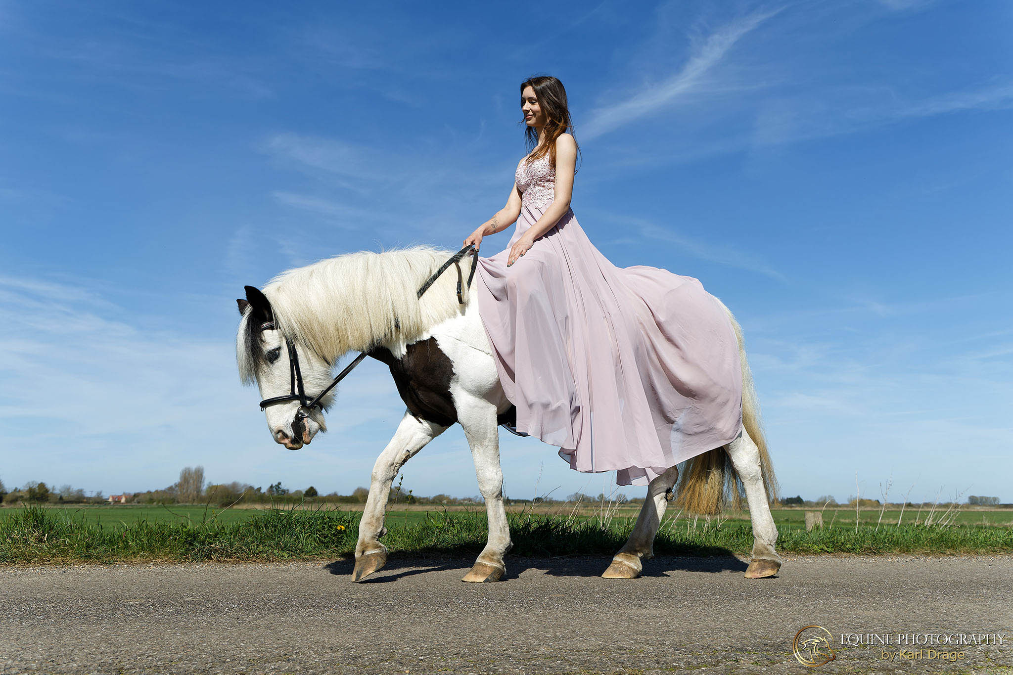 Brunette lady wearing a lilac prom dress riding her horse on a beautiful blue-skied day.